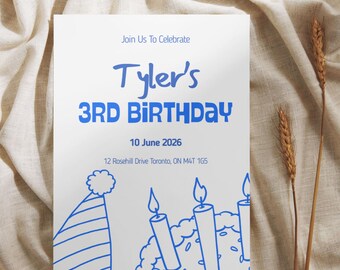 Handgetekende verjaardagsuitnodiging, verjaardag nodigt handgetekende, babyshower uitnodigen handgetekende, jongen 1e verjaardag, jongens digitale blauwe afdrukbare