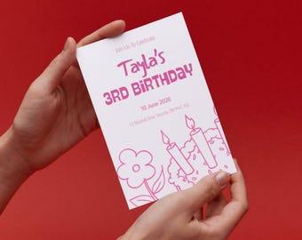 Handgetekende verjaardagsuitnodiging, babyshower handgetekende uitnodiging, meisje 1e verjaardag bloem uitnodigen, roze babymeisje afdrukbare uitnodiging