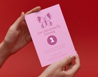 Vlinder uitnodiging, vlinder verjaardagsuitnodiging meisje, 1e verjaardag uitnodigen meisje vlinder, meisjes verjaardagsuitnodiging sjabloon digitaal