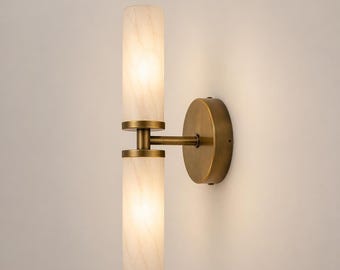 Aplique de pared moderno de latón de lujo con doble pantalla de alabastro, lámpara de pared de mármol, lámpara de tocador minimalista para baño, iluminación de pared de lujo