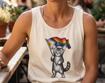 Progress Pride Cat Tank Top, Funny LGBTQ Cat Tank, Inclusive Pride Flag Tank, Queer Cat Lover Gift