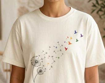 Dandelion Subtle Pride Shirt,  Minimal LGBTQ Graphic Tee, Queer Rainbow Bird Floral T Shirt