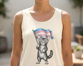 Trans Cat Tank Top, Funny Trans Pride Tank, Trans Flag Cat Tank, Derpy Cat Graphic Tank, Queer Cat Lover Gift