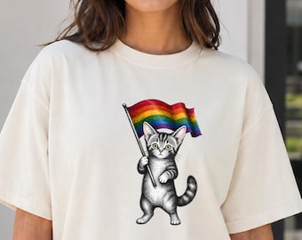 Pride Cat Shirt, Vintage Engraved Rainbow Flag Kitten Tee, Queer Cat Lover Gift