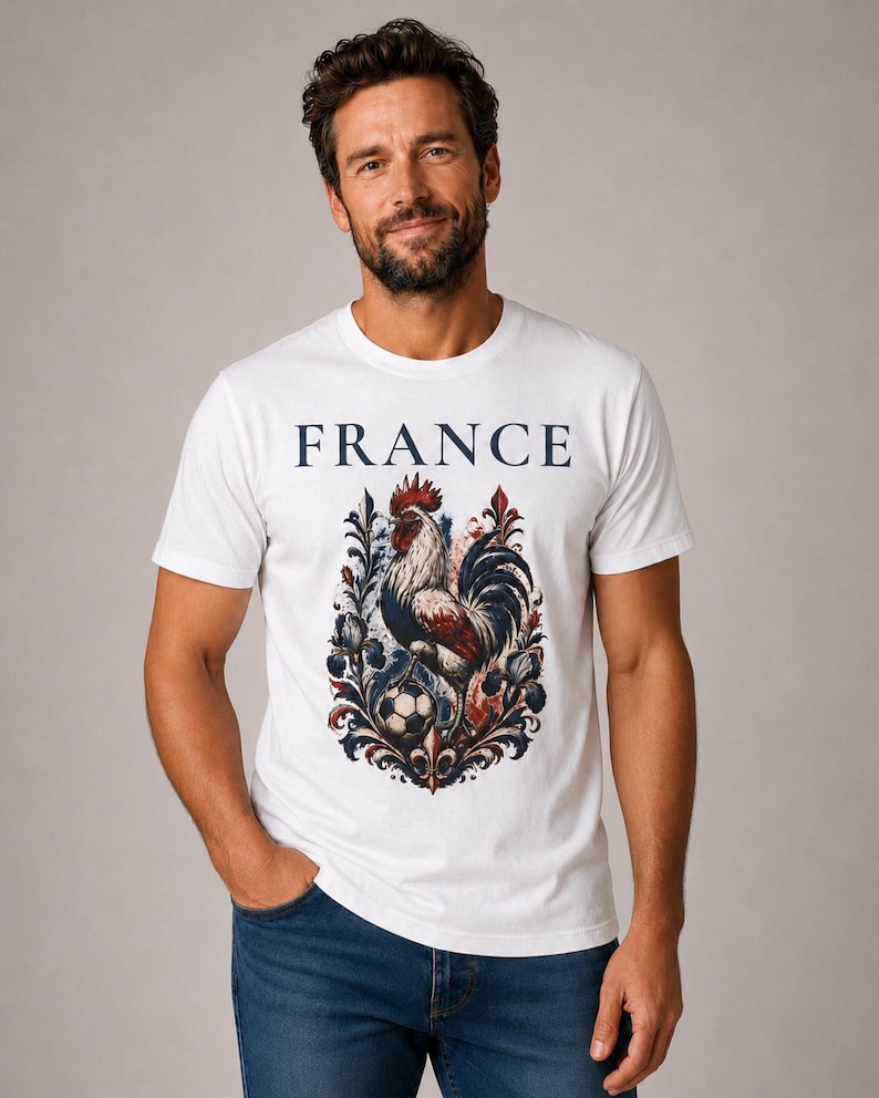 May include: White t-shirt with the word "FRANCE" in navy blue. The shirt features a detailed graphic of a rooster, a soccer ball, and floral elements in red, white, and blue. The design is centered on the front of the shirt.