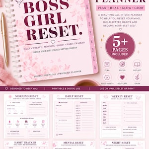 Könnte beinhalten: Ein rosa-weißer "Boss Girl Reset" Planer mit einer Kronenillustration. Der Planer enthält Abschnitte für tägliche, wöchentliche, morgendliche, nächtliche und Gewohnheitsverfolgung. Es ist ein digitaler Download und ein druckbarer Planer.