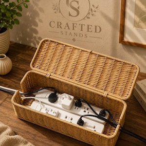 May include: A rectangular light brown woven wicker cable management box with an open hinged lid. Inside, a white power strip is visible with multiple black and white electrical plugs inserted. The box features side cutouts for cords.