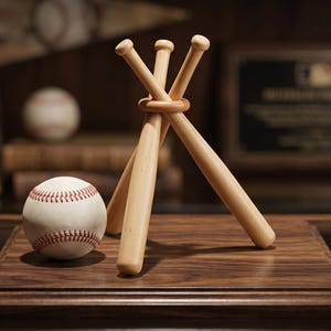 May include: A baseball-themed display featuring a baseball and three wooden bats intertwined with a wooden ring. The baseball has red stitching. The display sits on a dark wooden base, with books and a baseball in the background.