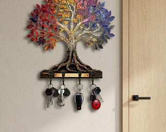 Tree of Life Key Holder for Wall, Wooden Key Rack, Entryway Organizer