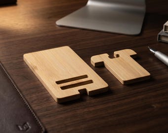 Minimalist Bamboo Phone Stand: Solid Wood Desk Organizer, iPhone Dock, Office Decor