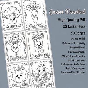 May include: Black and white line art colouring pages featuring cute vegetable illustrations, including a mushroom, carrot, beetroot, asparagus, pumpkin, and pomegranate. The text "Instant Download" and "High Quality Pdf" are visible.