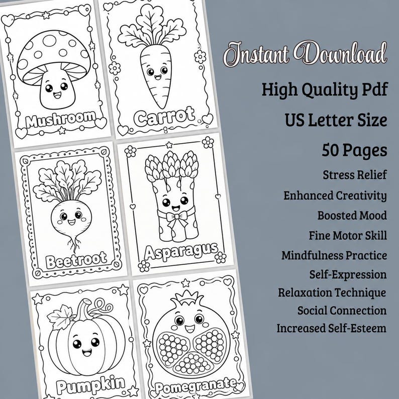May include: Black and white line art colouring pages featuring cute vegetable illustrations, including a mushroom, carrot, beetroot, asparagus, pumpkin, and pomegranate. The text "Instant Download" and "High Quality Pdf" are visible.