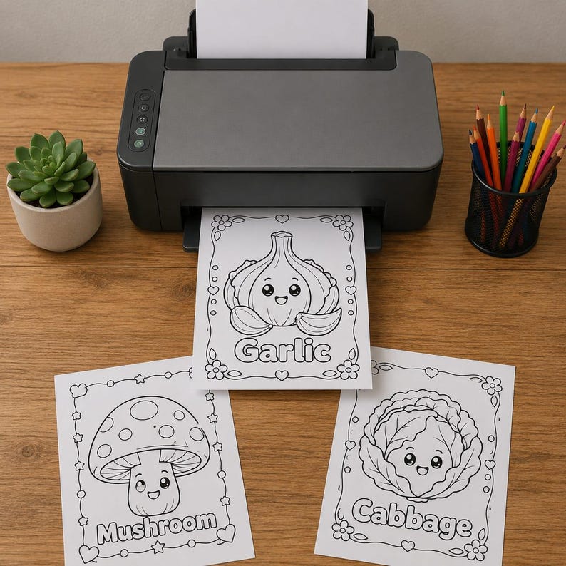 May include: A black printer is printing colouring pages of vegetables. The pages feature a cartoon garlic, mushroom, and cabbage. A small succulent plant in a beige pot and a pencil holder with coloured pencils are also visible.