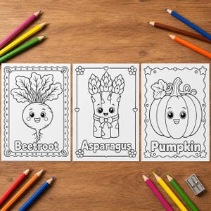 May include: Three black and white coloring pages with cartoon vegetables: beetroot, asparagus, and pumpkin. Each has a smiling face. Colouring pencils in various colours are scattered around the pages on a wooden surface.