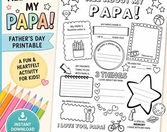 Father's Day Coloring Page, Father's Day Card, All about my Papa, Printable Card, Father's Day Craft, PDC, JPG