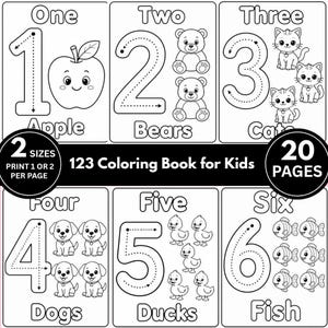 May include: Black and white coloring book for kids featuring numbers one through six. Each number is accompanied by a corresponding illustration of an apple, bears, cats, dogs, ducks, and fish. The book includes the text "123 Coloring Book for Kids" and "20 Pages".