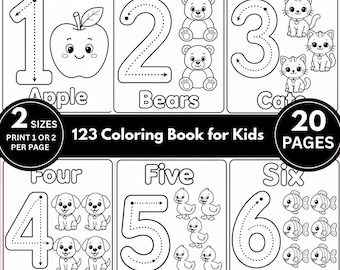 May include: A black and white 123 Colouring Book for Kids featuring numbers one through six with corresponding illustrations of an apple, bears, cats, dogs, ducks, and fish. The text includes 2 SIZES PRINT 1 OR 2 PER PAGE and 20 PAGES.