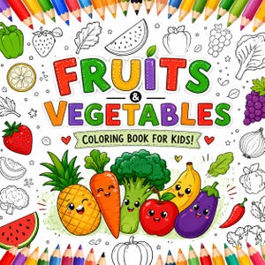 May include: A children's coloring book cover with the title "Fruits & Vegetables" in bright, stitched lettering. The cover showcases cartoon illustrations of a pineapple, carrot, broccoli, apple, banana, and aubergine. The text "Coloring Book For Kids!" is also visible.