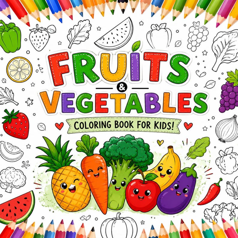 May include: A children's coloring book cover with the title "Fruits & Vegetables" in bright, stitched lettering. The cover showcases cartoon illustrations of a pineapple, carrot, broccoli, apple, banana, and aubergine. The text "Coloring Book For Kids!" is also visible.