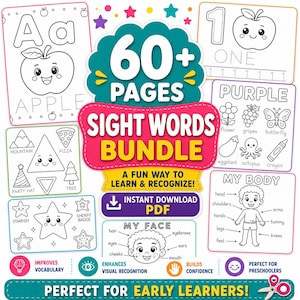 Pacchetto di parole da imparare a vista per bambini, schede di lavoro sulle parole da imparare a vista in formato PDF, pacchetto di parole da imparare a vista stampabile, schede di lavoro sulle parole da imparare a vista per la scuola materna, download immediato