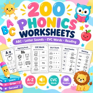 以下が含まれることがあります： 文字のなぞり書き、音の識別、CVC単語、短母音、単語ファミリー、マッチング練習などの教育的アクティビティを特徴とする200枚のフォニックスワークシートのコレクションで、カラフルな漫画のイラストで装飾されています。