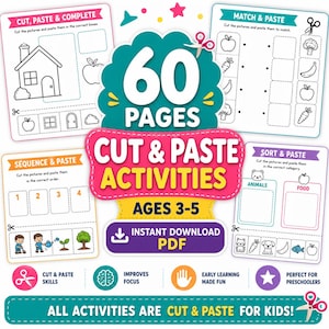 Pacchetto di schede di lavoro da ritagliare e incollare per la scuola materna / 60 attività stampabili senza preparazione / Schede di lavoro per la scuola dell'infanzia / Apprendimento a casa / Motricità fine
