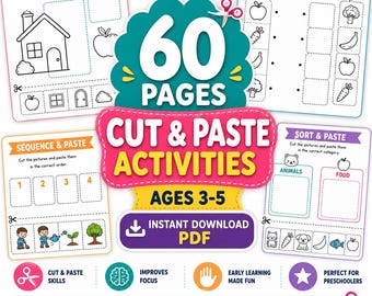 Kindergarten Cut and Paste Worksheets Bundle | 60 No-Prep Printable Activities | Preschool Worksheets | Homeschool Learning | Fine Motor Ski