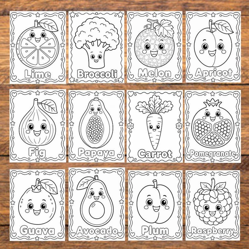 May include: Twelve black and white colouring cards depicting various fruits and vegetables, each with a smiling face. The cards include a lime, broccoli, melon, apricot, fig, papaya, carrot, pomegranate, guava, avocado, plum, and raspberry.