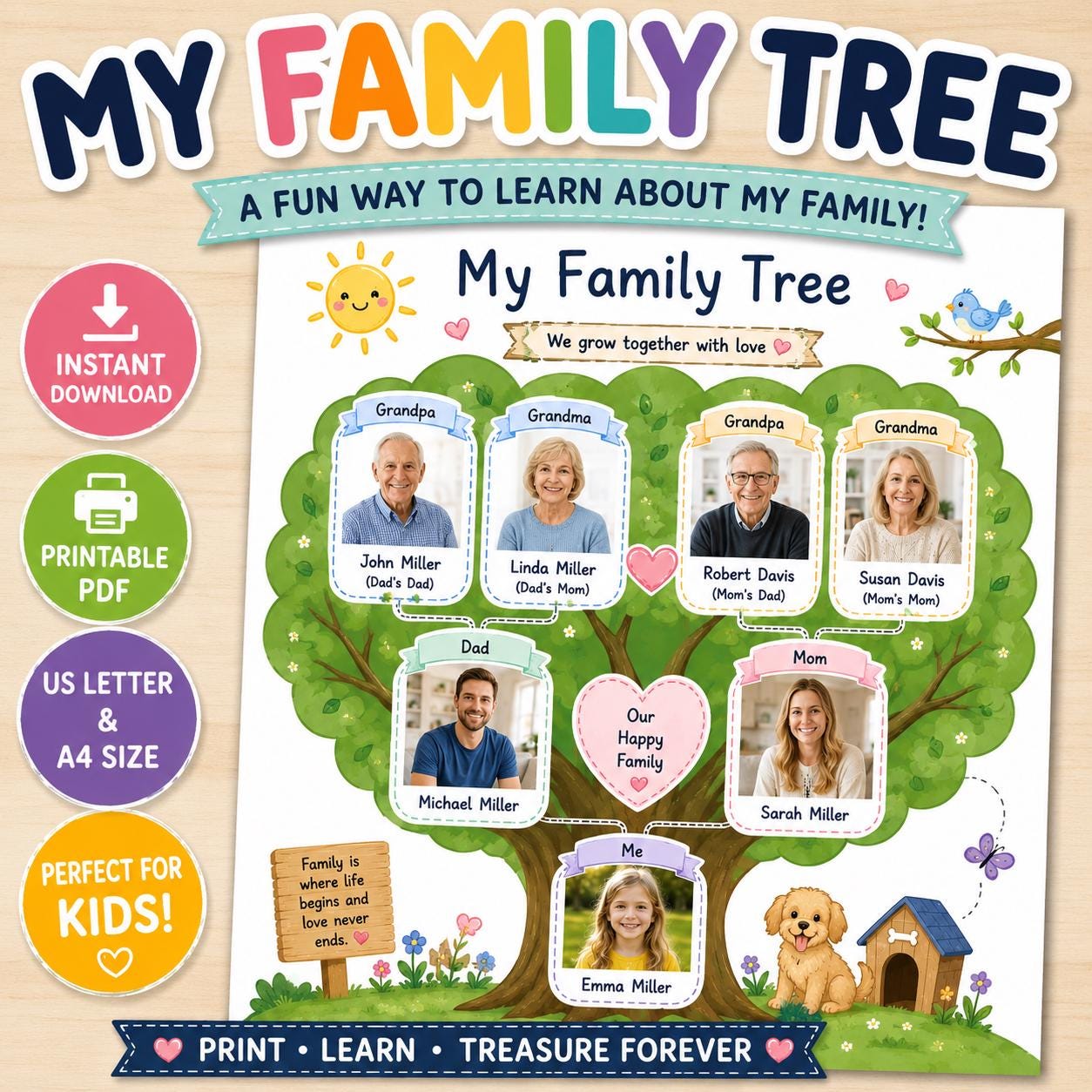 My Family Tree Printable Worksheet Kids Family Tree Activity All About My Family PDF Homeschool Preschool Kindergarten A4 & US Lette
