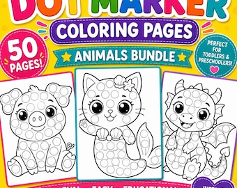 50 Dot Marker Animal Coloring Pages Printable | Do A Dot Activity Book | Preschool Toddler Worksheets | Instant Download PDF