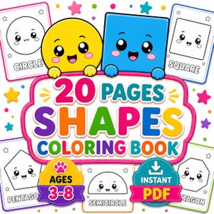 May include: A digital coloring book cover titled 20 PAGES SHAPES COLORING BOOK with colorful text and cartoon shapes. It features a yellow circle and blue square character, along with various shape outlines like a circle, square, and pentagon.