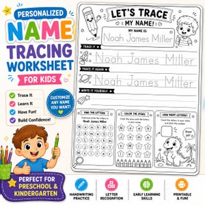 以下が含まれることがあります： 「Noah James Miller」という名前を練習するための子供向けパーソナライズされた名前なぞり書きワークシート。名前をなぞる、文字を探す、星を塗る、文字を数えるセクションがあり、鉛筆、ロケット、恐竜のイラストが描かれています。