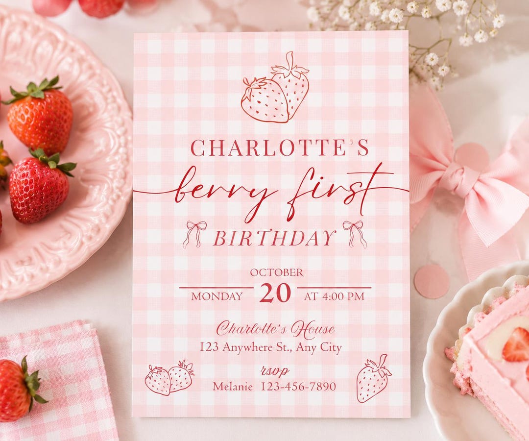 Berry First Birthday Invitation Template, Editable Strawberry 1st ...