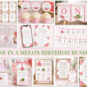 Peut inclure: Ensemble de décorations de fête d'anniversaire sur le thème de la pastèque, roses et blanches. Comprend des bannières, des décorations de cupcakes, des étiquettes de bouteilles d'eau, des invitations et des panneaux. Le texte "ONE IN A MELON BIRTHDAY BUNDLE".