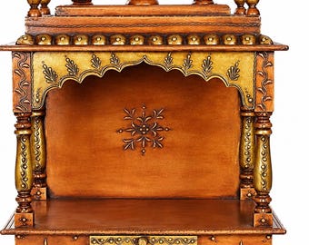 Mandir per la preghiera in legno dipinto a mano con cassetto (61x46x30 cm)