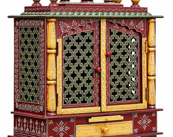 Mandir per la preghiera in legno dipinto a mano con cassetto (61 x 30 x 76 cm)