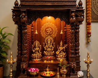 Mandir per la preghiera in legno con cassetto, dipinto a mano, con finitura naturale lucida color noce.