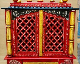Mandir per la preghiera in legno dipinto a mano con cassetto (61 x 30 x 76 cm)