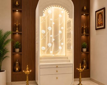 Tempio Pooja in legno dipinto a mano con cassetto e armadietto, design etnico tradizionale, colore bianco.