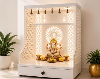 Legno ingegnerizzato, Pooja Mandir in legno con cassetto e armadietto, design etnico tradizionale, bianco