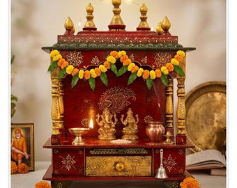 Mandir per la preghiera in legno dipinto a mano con cassetto (61x30x46 cm)