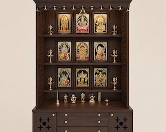Mandir Pooja in legno con cassetto, dipinto a mano, con finitura naturale lucida color espresso (riservato)