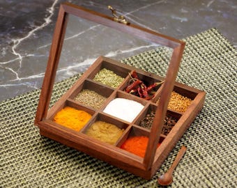 Scatola porta spezie in palissandro intagliata a mano: organizer espandibile, contenitore rotondo per spezie da collezione 9x9 pollici