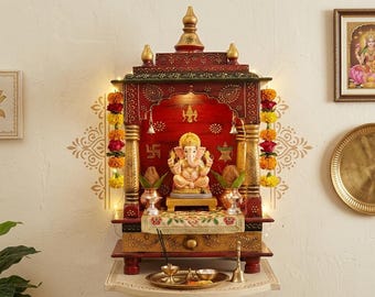 Mandir per la preghiera in legno dipinto a mano con cassetto (45,7 x 20,3 x 20,3 cm)