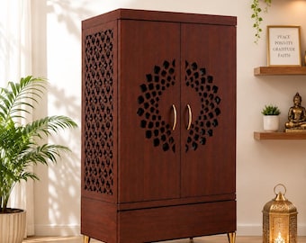 Legno ingegnerizzato, Pooja Mandir in legno con cassetto e armadietto, design etnico tradizionale, bianco