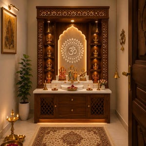 Könnte beinhalten: Ein hölzerner Tempelschrank mit einem zentralen Om-Symbol, integrierter LED-Beleuchtung und mehreren Regalen für kleine Gottheiten-Figuren. Die Struktur umfasst untere Schränke mit Gittertüren, eine weiße Arbeitsplatte und eine hängende Messingglocke.