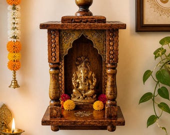 Mandir per la preghiera in legno dipinto a mano con cassetto (25,4 x 11,4 x 11,4 cm)