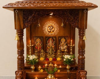 Mandir per la preghiera in legno con cassetto, dipinto a mano, con finitura naturale lucida color noce.
