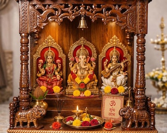 Mandir per la preghiera in legno con cassetto, dipinto a mano, con finitura naturale lucida color noce.