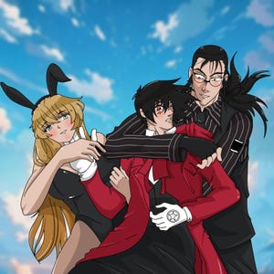 Può includere: Illustrazione in stile anime di tre personaggi su sfondo di cielo blu. Un personaggio indossa un cappotto rosso e guanti bianchi, un altro un abito nero a gessati e il terzo un costume da coniglietta.